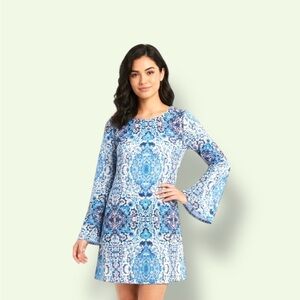 Blue Patterned Long-Sleeve Mini Dress